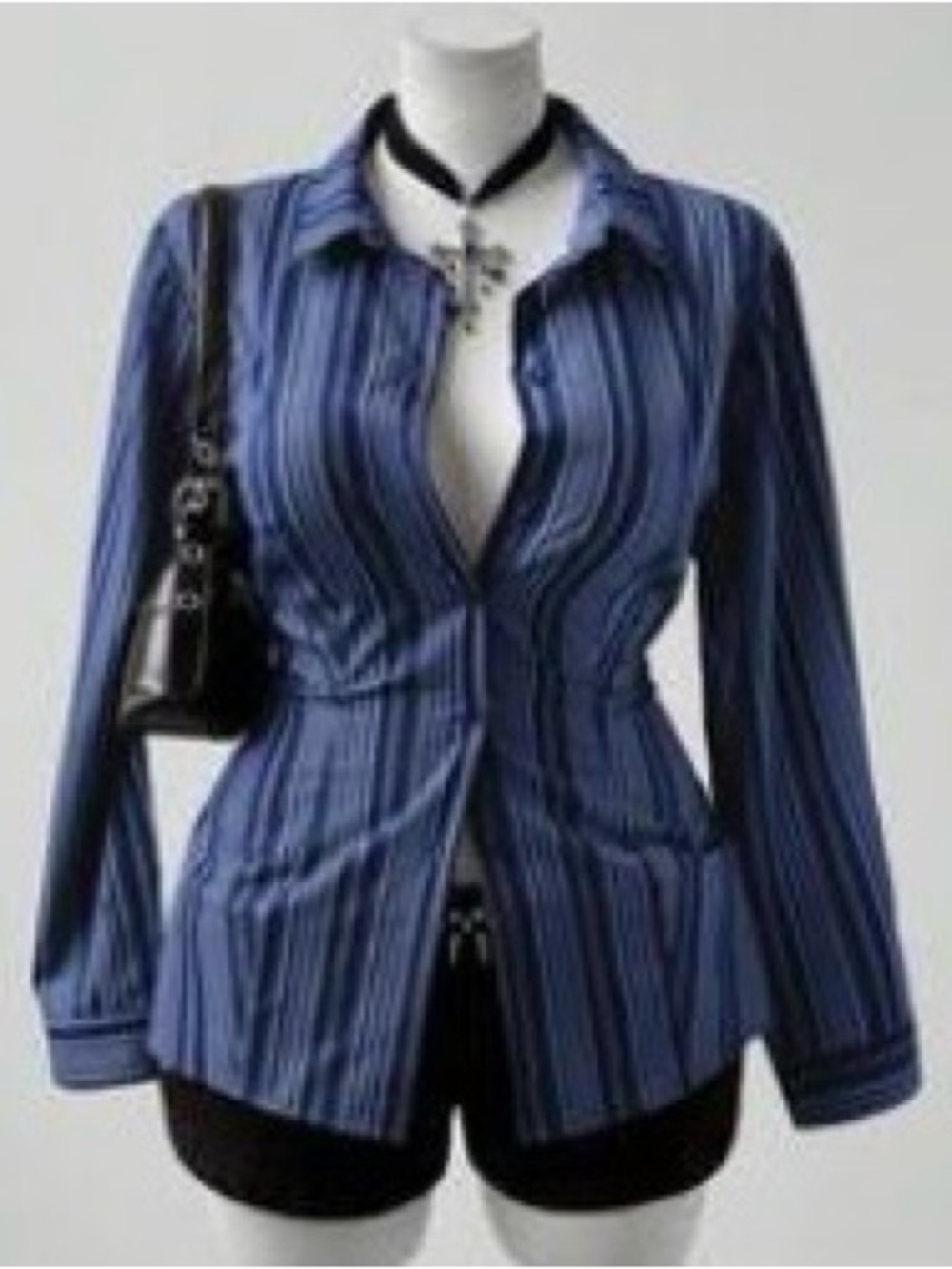 Women's Blue Striped Button-Front Shirt Jacket
